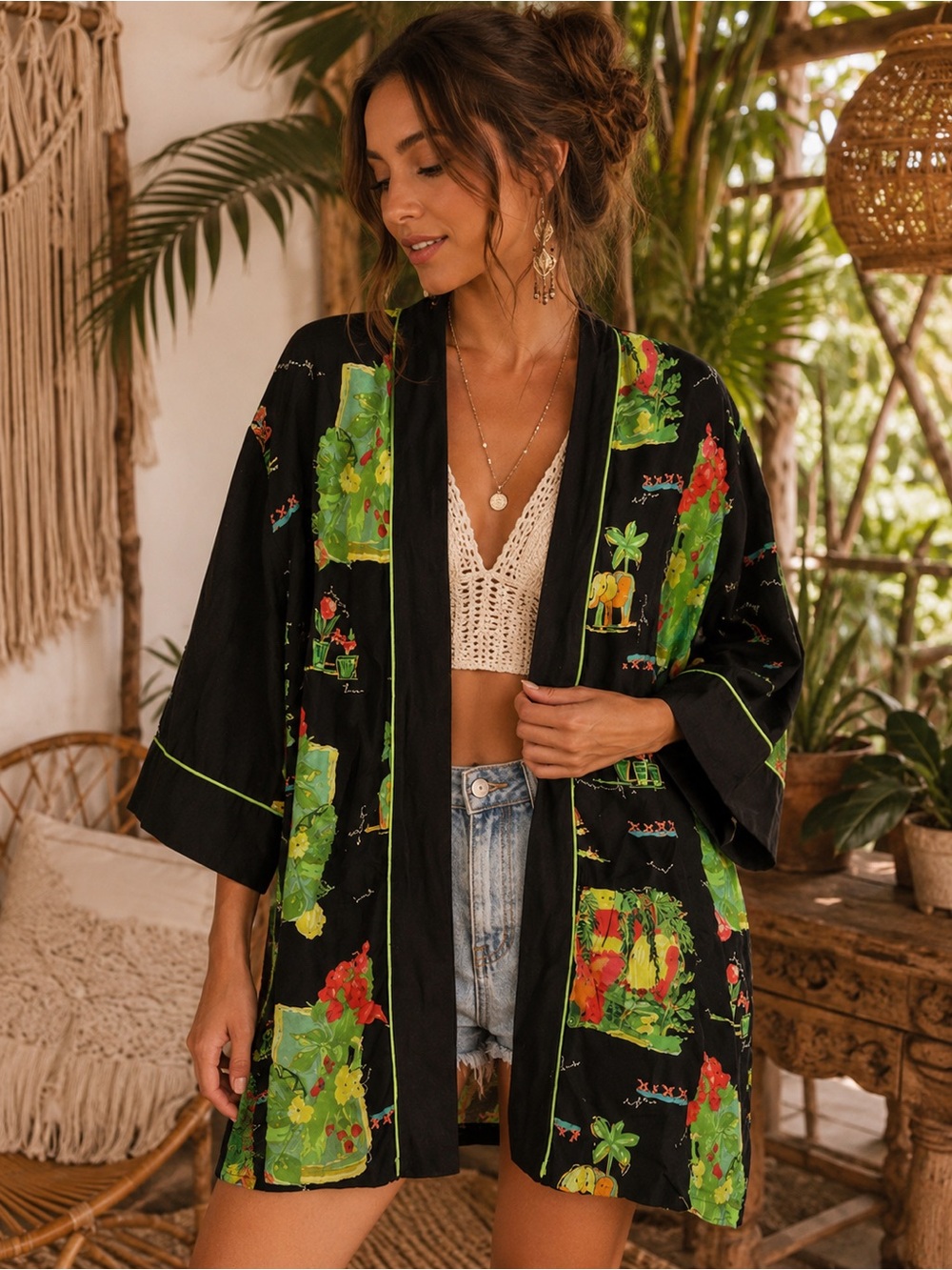 Vintage 90s Statement by New Frontier Elephant Floral Rayon Kimono Jacket OS